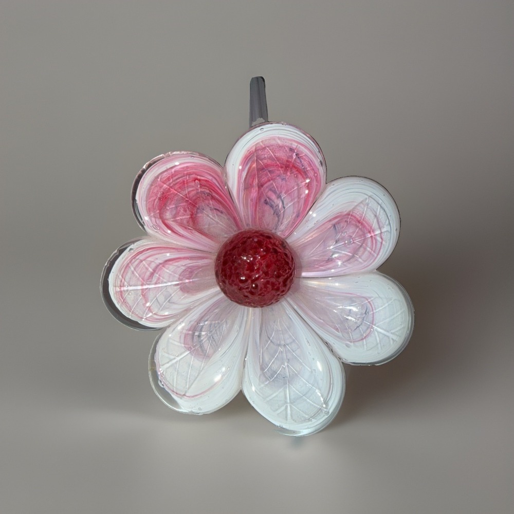 Vintage Murano Style‎ Hand Blown Glass Daisy Flower Pink/White Short Stem